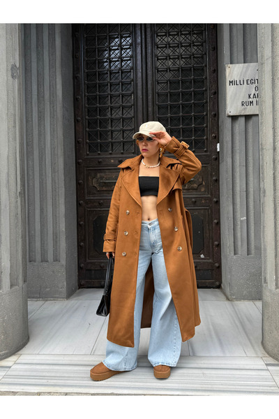 Bak'ap Premium Suede Aura Belted Long Tan Suede Coat