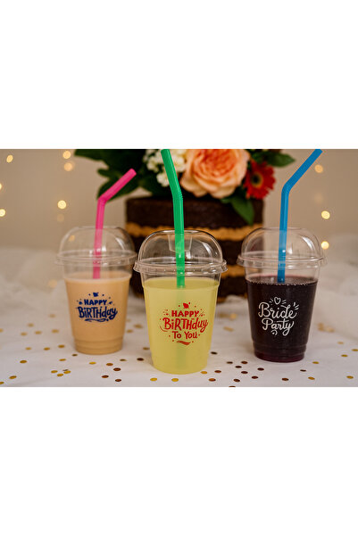 KARADENİZ PLASTİK Bride Partisi İçin 400 cc Şeffaf Plastik Bardak Bombe Kapaklı Pipetli (25 ADET)