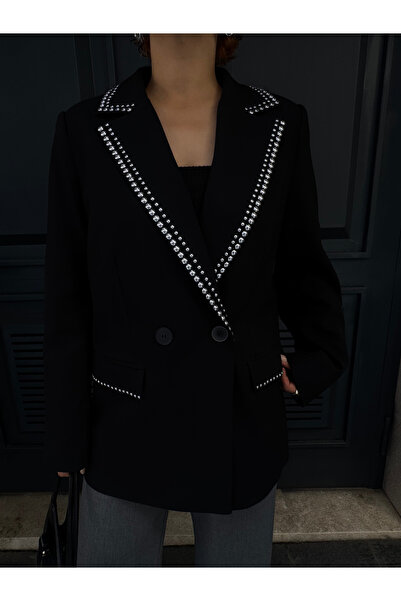 Bak'ap Premium Business Zımba Taş Baskılı Siyah Blazer Ceket