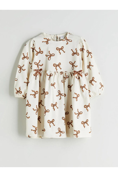 LC Waikiki Crew Neck Bow Printed Girl's Dress