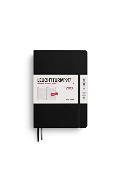 Leuchtturm1917 Orta Boy (A5) 12 Aylık Günlük Ajanda (Noktalı) 2026 Sert Kapak, İngilizce, Siyah 3727
