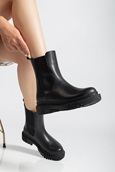 ŞIK STORE Women's Thick Sole Comfortable Wear Elastic Black Chelsea Boots Bootie