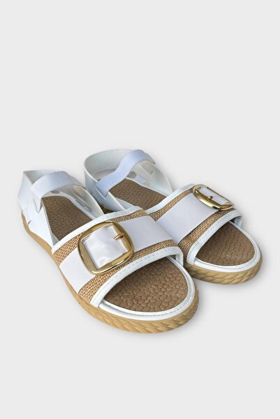 Liger Women's Buckled Straw Single Strap Rubber Detailed Sandals White