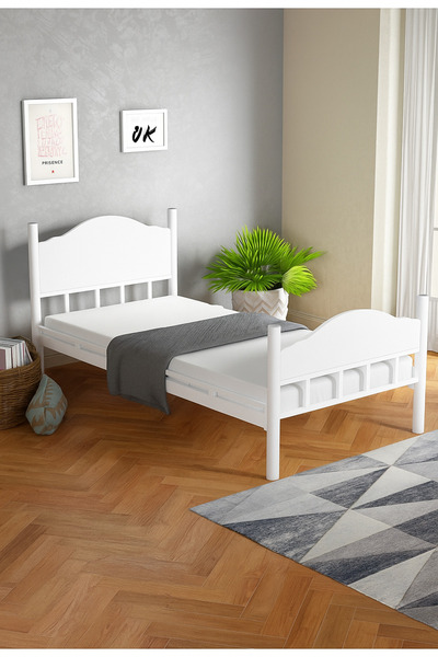 Ejder metal Tek Kişilik Metal Ahşaplı Beyaz Karyola (YATAKSIZ)