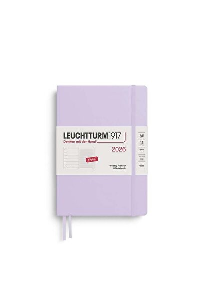 Leuchtturm1917 Orta Boy (A5) 12 Aylık Ajanda ve Not Defteri (Çizgili) 2026 Sert Kapak, İngilizce, Li