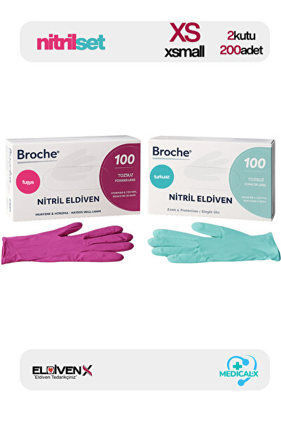 Medicalx NitrilSET Fuşya Pembe & Turkuaz Nitril Muayene Eldiveni 200 Adet - Xsmall