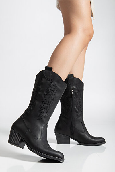 ŞIK STORE Γυναικείες μπότες καουμπόικες μαύρες με λεπτομέρεια ραφής σε μεσαίο χοντρό τακούνι