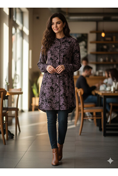 DHDmoda Kadın Büyük Beden Siyah Pembe Çiçek Desenli Düğmeli Viskon Gömlek