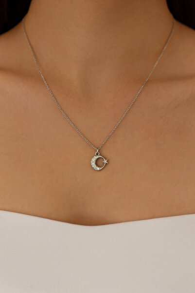 monalisatoka Kadın Gümüş Ay Yıldız Figürlü Zirkon Taşlı Kolye