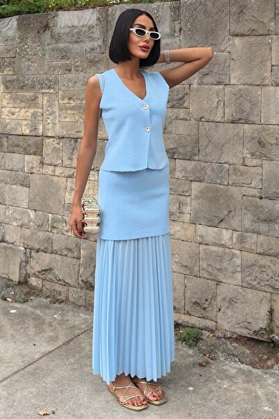 Genel Markalar Yelekli Ve Pilise Etekli Triko Takım -MAVİ