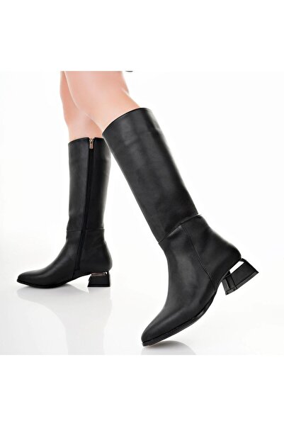 ŞIK STORE Women's Below Knee Black Boots with Zipper and Metal Detail, Short Thick Heels