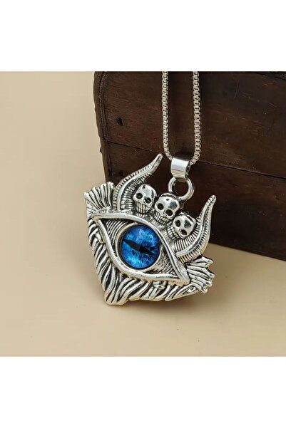Yıldız Accessory Kurukafa Detaylı Boynuzlu Şeytan Gözü Zincir Kolye Kırmızı Göz Mavi Göz
