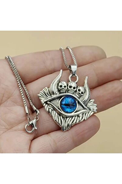 Yıldız Accessory Kurukafa Detaylı Boynuzlu Şeytan Gözü Zincir Kolye Kırmızı Göz Mavi Göz