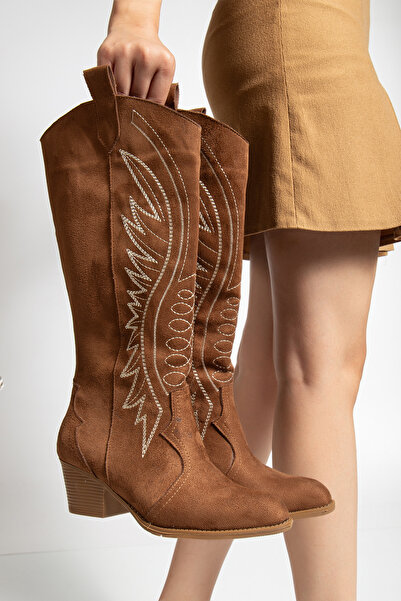 ŞIK STORE Kadın Kovboy Taba Süet Çizme Western Dikiş Detaylı Kalın Topuklu