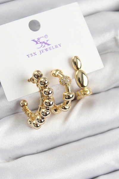 ALFA AKSESUAR 03 Brass Zircon Stone Hoop Model Gold Color 3-Piece Women's Earrings - Tj-Bkp10941