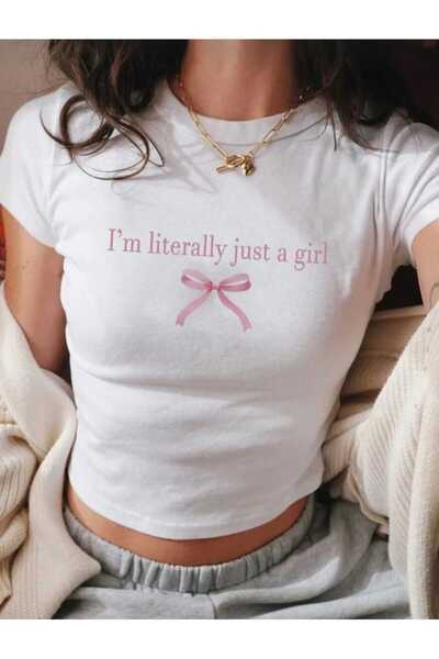 Forneus Kadın Beyaz Literally Girl Baskılı Bisiklet Yaka Dar Crop Tshirt