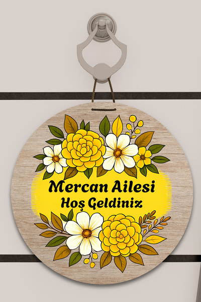 Dormot Dijital Baskı Açık Ahşap, Sarı Çiçekler desenli, Kişiye Özel Kapı süsü...