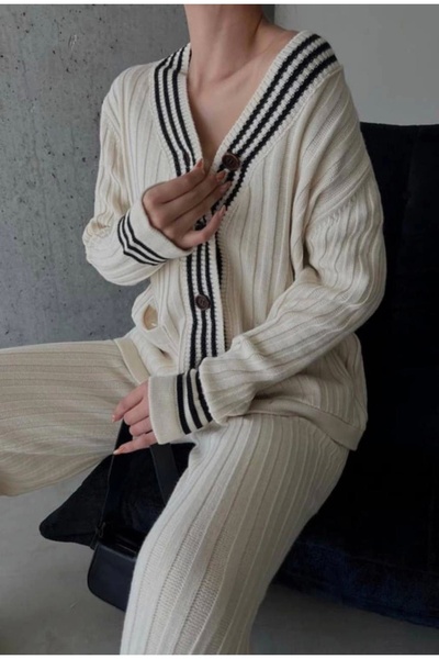 Lusin Women's Ecru Gold Button Detailed Striped Pocketed Cardigan Trouser Bottom Top Double Knitwear Set