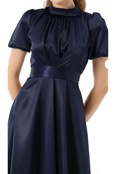 MOODMODA Nil Lacivert Kloş Etek Kısa Kol Midi Boy Saten Abiye Elbise