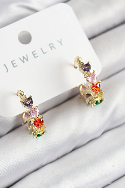 ALFA AKSESUAR 03 Brass Zircon Stone Heart Model Gold Color Women's Earrings - Tj-Bkp11079