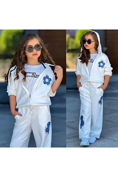 JOYBOY KİDS 3-Piece Zippered Hooded Bottom-Girls' Tracksuit Floral Inner Badili Girl's Set Suitable for School