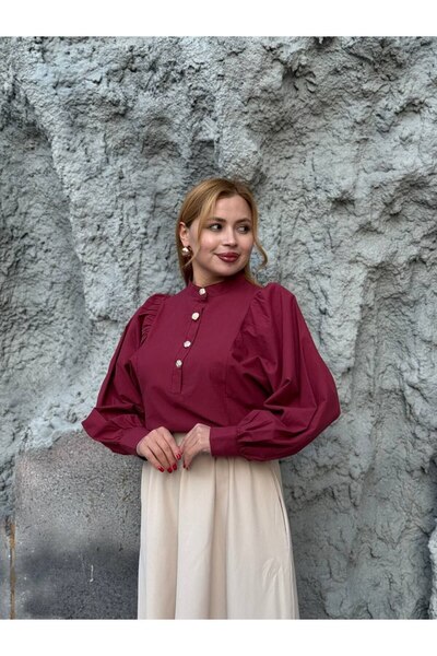 369 etnik butik Gold Button Detailed Balloon Sleeve Stand Collar Women's Blouse