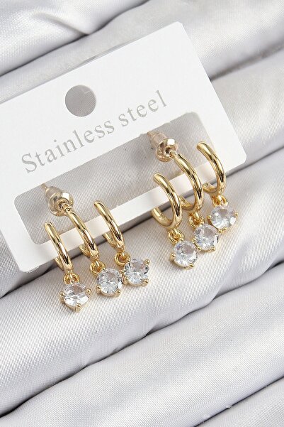 ALFA AKSESUAR 03 Brass Dangle Zircon Stone Model Gold Color Women's Earrings - Tj-Bkp11097