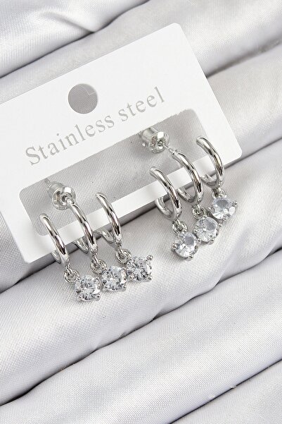 ALFA AKSESUAR 03 Brass Dangle Zircon Stone Model Silver Color Women's Earrings - Tj-Bkp11098