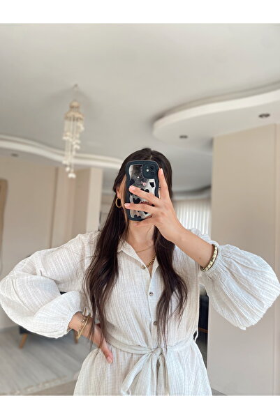 Hacer Balcı Taş Düğmeli Kuşaklı Gofre Keten Şort Tulum