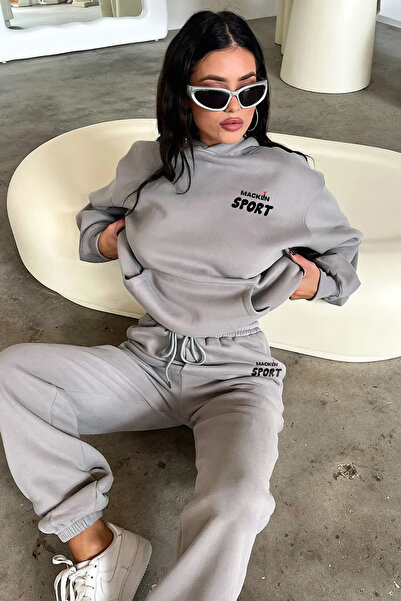 macklin Unisex Erkek Kadın Sport Baskılı Oversize 3 İplik Kapüşonlu Eşofman Takımı