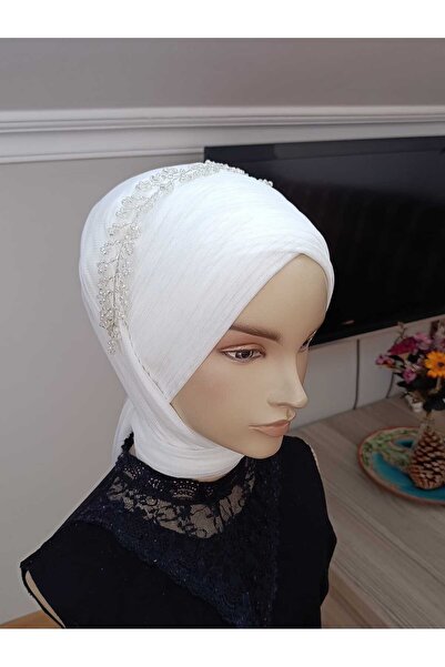 BERKE TUHAFIYE AKSESUAR Off-White Forehead-Connected Frequent Draping Model Ready-Made Veil Ready-Made Shawl Ready-Made Turban with Accessories