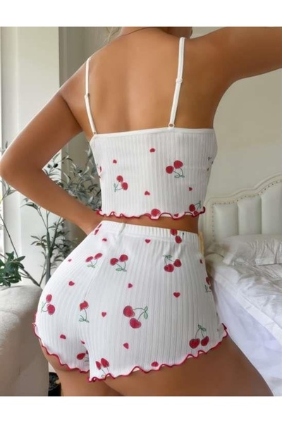 ALFA AKSESUAR 03 White Cherry Patterned Suspender Shorts Pajama Set