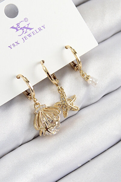 ALFA AKSESUAR 03 Brass Zircon Stone 3-Piece Oyster and Star Model Gold Color Women's Earrings - Tj-Bkp11136