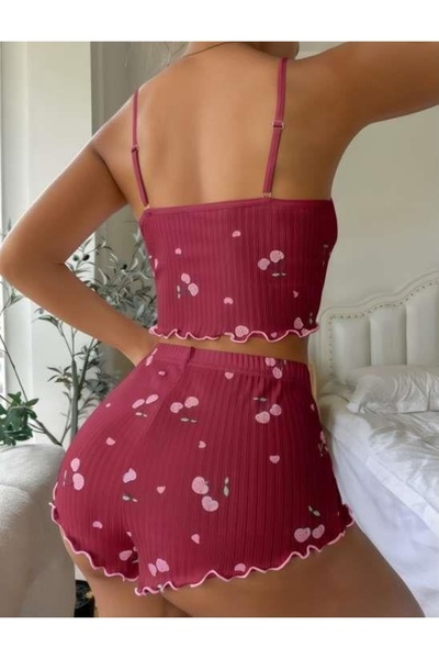 ALFA AKSESUAR 03 Burgundy Cherry Patterned Suspender Shorts Pajama Set