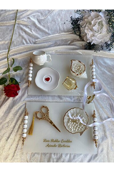 Yopoksi Desing KALP FİNCANLI PARLAK BEYAZ SÖZ,NİŞAN,İSTEME TEPSİ SETİ , DAMAT...