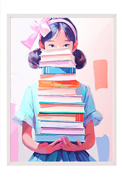 Zestia Tablou cu ramă albă, Ilustrație cu fată cu grămadă de cărți, Poster de...