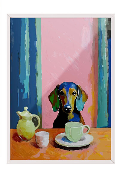 Zestia Πίνακας με λευκό πλαίσιο, Σκύλος και Καφές – Χαρούμενο, Αφίσα Διακόσμη...