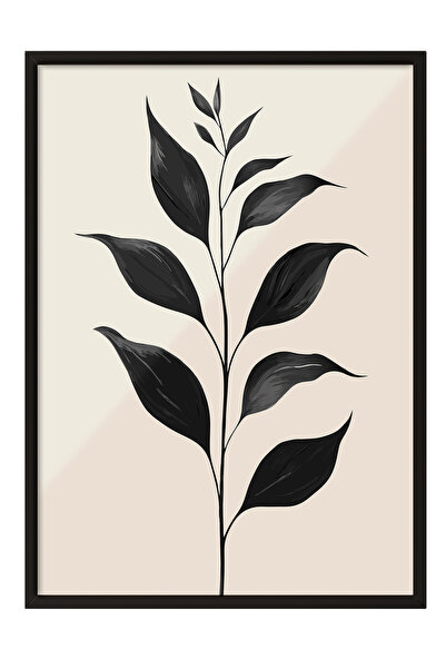 Zestia Tablou cu ramă neagră, Siluetă minimalistă de frunză – Alb-negru, Post...