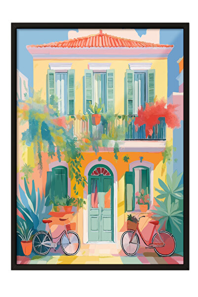 Zestia Tablou cu ramă neagră, Casă mediteraneană și bicicletă, Poster decorat...