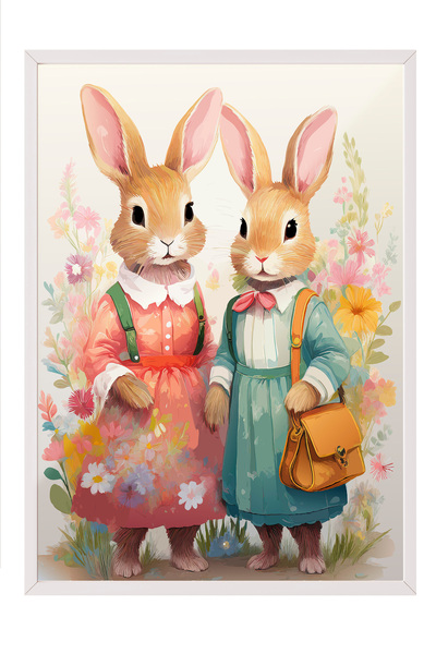 Zestia Tablou înrămat alb, Iepuri în rochii, Poster decorativ pentru camera c...