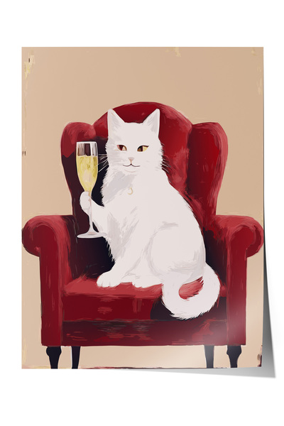 Zestia Poster fără ramă, pisică albă pe un fotoliu roșu, poster decorativ pen...