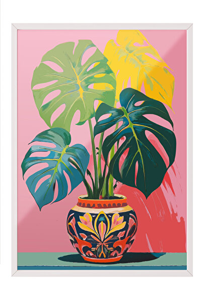 Zestia Картина с бяла рамка, листа от монстера в саксия, декор за хол Постер ...