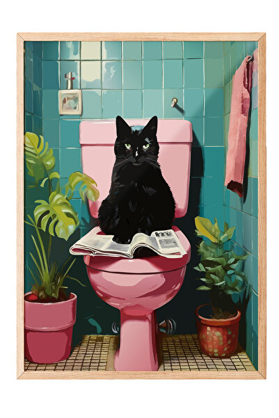 Zestia Ahşap Çerçeveli Tablo, Eğlenceli Kedi İllüstrasyonu, Banyo Dekoru Post...