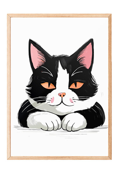Zestia Tablou înrămat din lemn, Pisică în smoking alb-negru, Poster decorativ...
