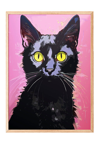 Zestia Tablou înrămat în lemn, Pisica cu ochii strălucitori – Ilustrație mode...