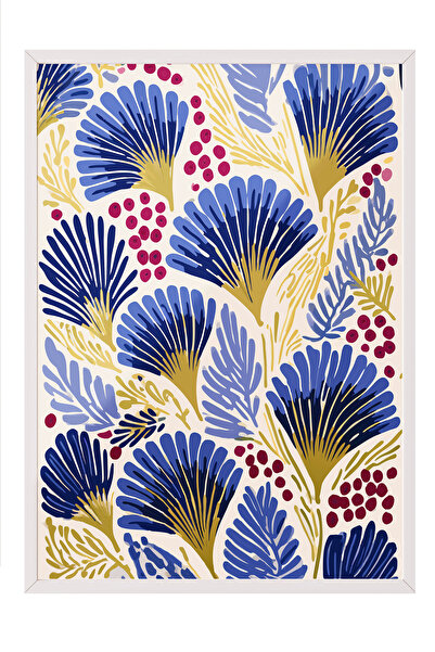 Zestia Tablou cu ramă albă, model cu frunze albastre și galbene – Artă vibran...