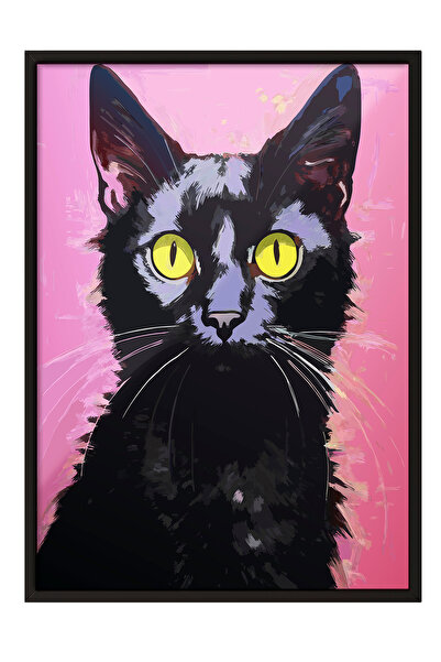 Zestia Tablou înrămat negru, Pisică cu ochi strălucitori – Ilustrație modernă...