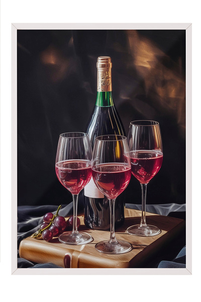 Zestia Tablou în ramă albă, Vin Roșu și Pahare – Masă Romantică, Poster Decor...