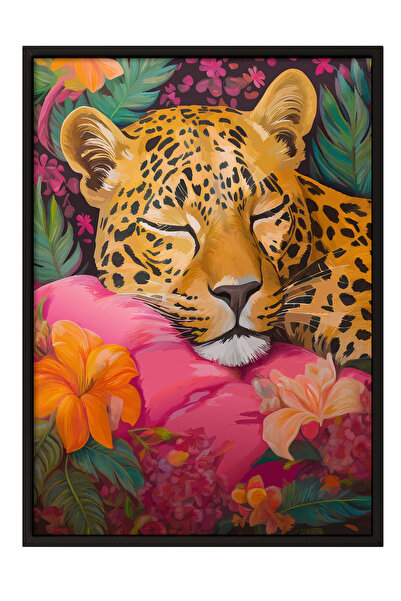 Zestia Tablou înrămat negru, leopard și flori, poster decorativ pentru sufrag...