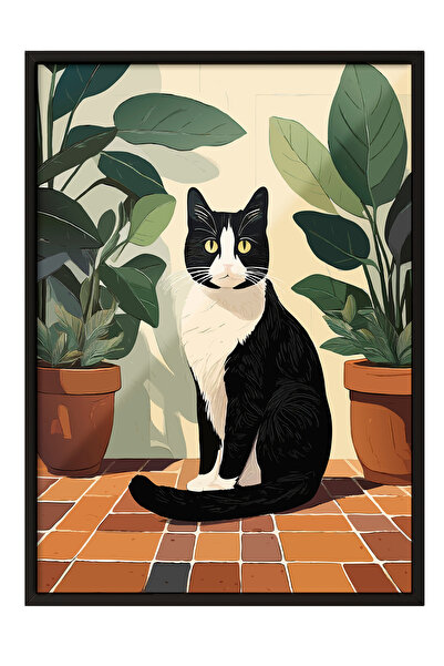 Zestia Tablou înrămat negru, pisică neagră într-un ghiveci – Artă minimalistă...